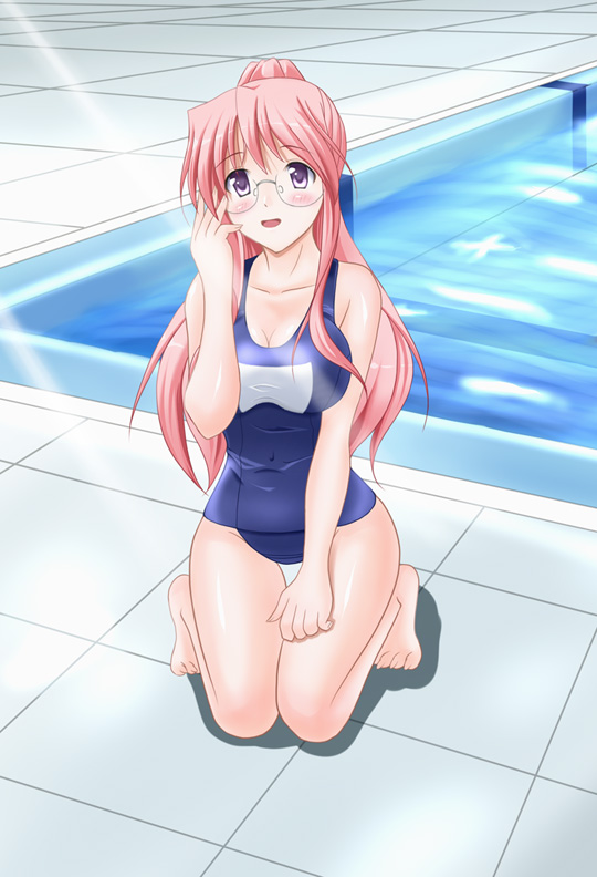 fujimori mikan, takara miyuki, lucky star, 00s, adjusting eyewear, glasses, one-piece swimsuit, school swimsuit, solo, swimsuit