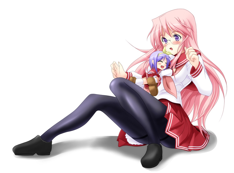 fujimori mikan, hiiragi tsukasa, takara miyuki, lucky star, 00s, 2girls, legs, mini person, minigirl, multiple girls, panties, pantyhose, school uniform, serafuku, thighband pantyhose, underwear