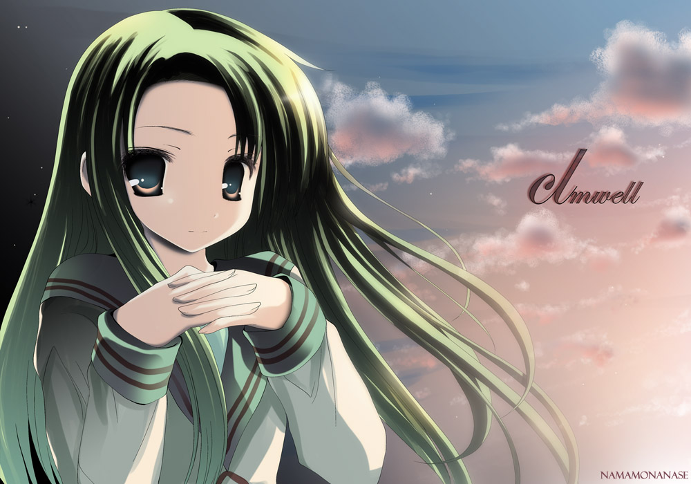 namamo nanase, tsuruya, suzumiya haruhi no yuuutsu, 00s, 1girl, artist name, blue eyes, closed mouth, cloud, evening, female focus, floating hair, green hair, long hair, long sleeves, looking at viewer, outdoors, own hands clasped, own hands together, red ribbon, ribbon, school uniform, serafuku, smile, solo, tareme, upper body, very long hair, wind