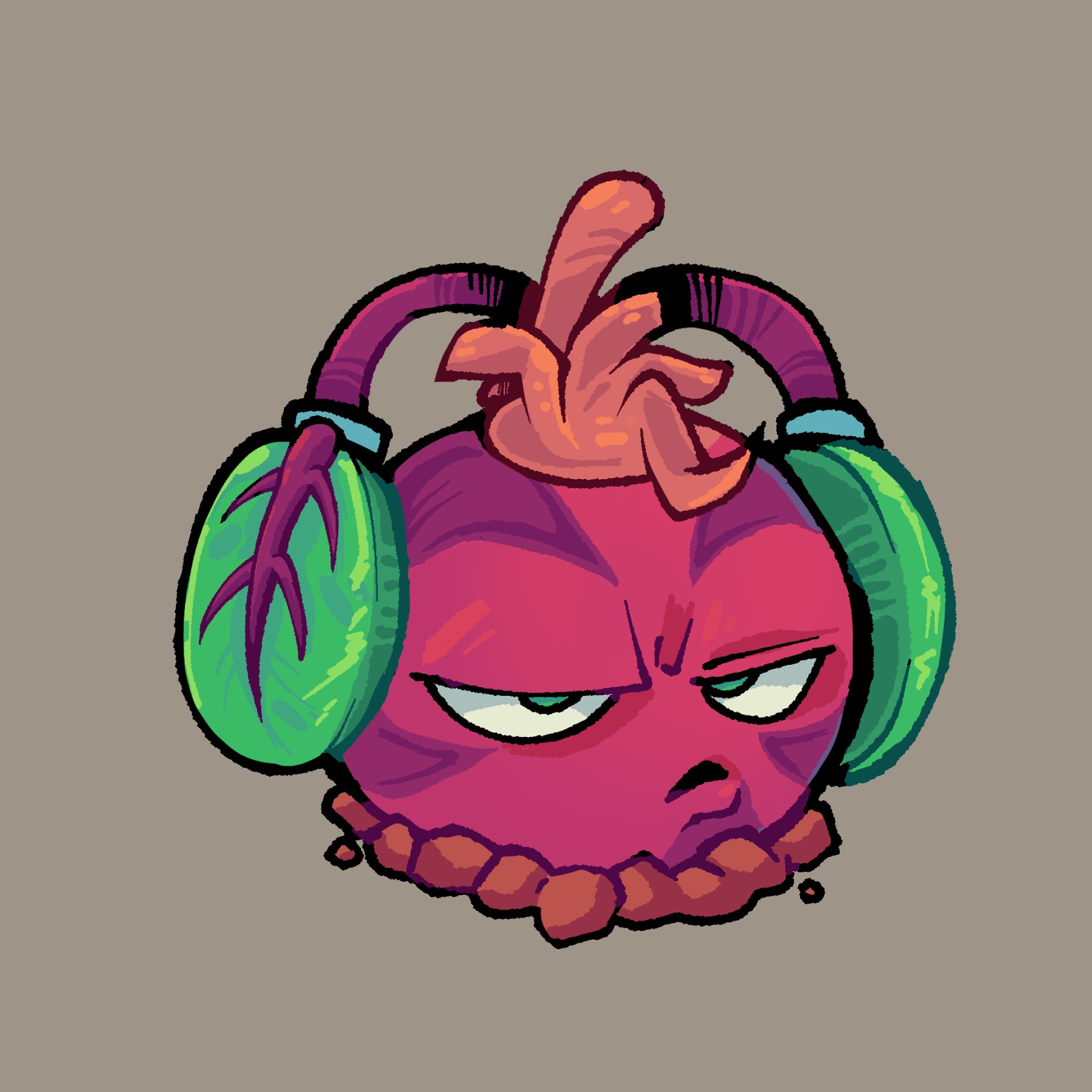 kinomotoroka, plants vs. zombies, highres, annoyed, brown background, leaf, looking at viewer, no humans, open mouth, phat beet (plants vs. zombies), simple background, solo