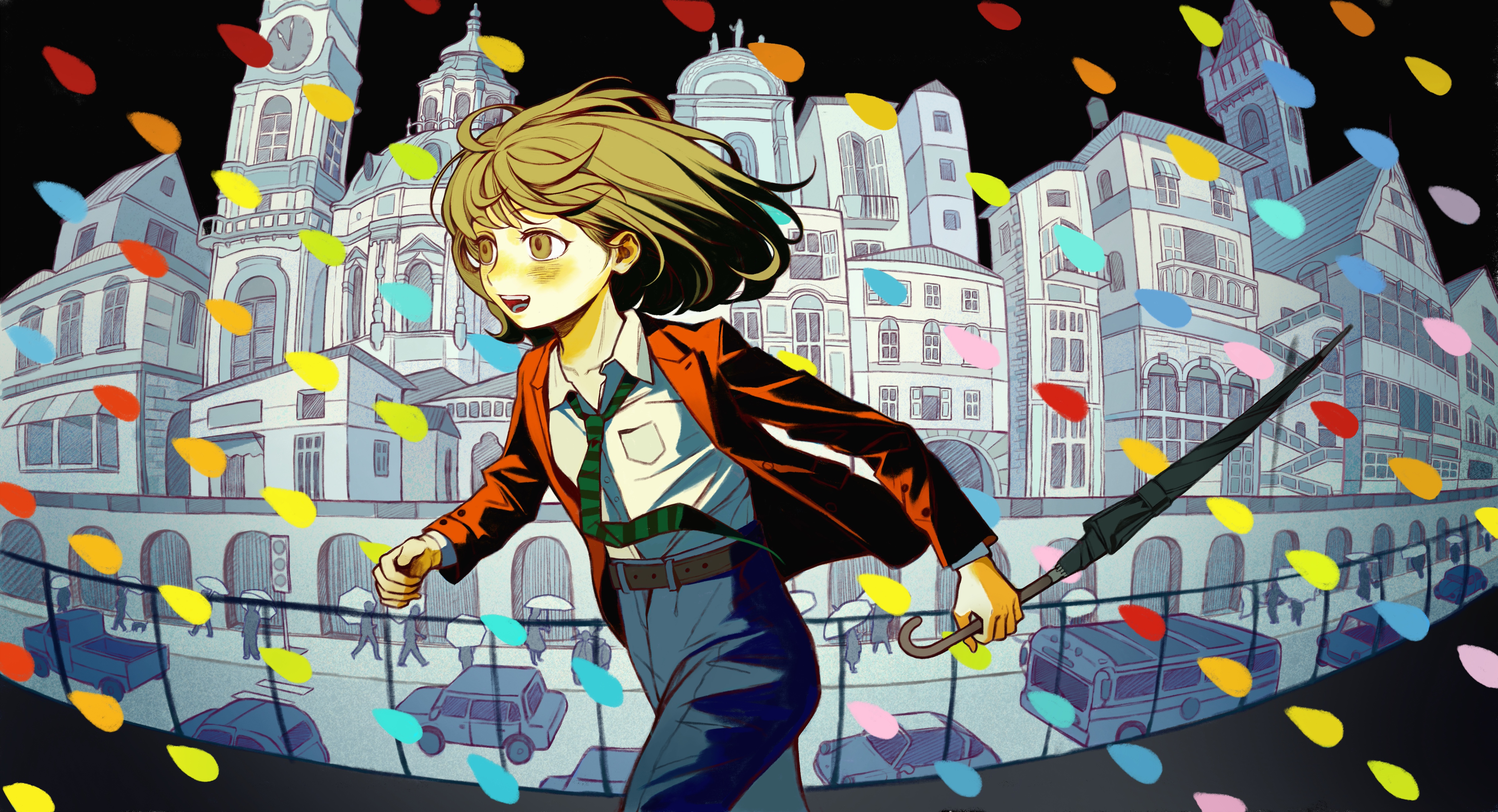chaojufei, original, absurdres, commentary, highres, brown eyes, brown hair, bus, car, clock, clock tower, collared shirt, holding, holding umbrella, motor vehicle, necktie, people, shirt, solo focus, striped necktie, tower, umbrella