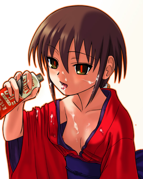 40010prototype, kurame, kusari hime: euthanasia, saya no uta, 1girl, brown hair, female focus, flat chest, japanese clothes, kimono, milk, nipple slip, nipples, solo, yellow eyes