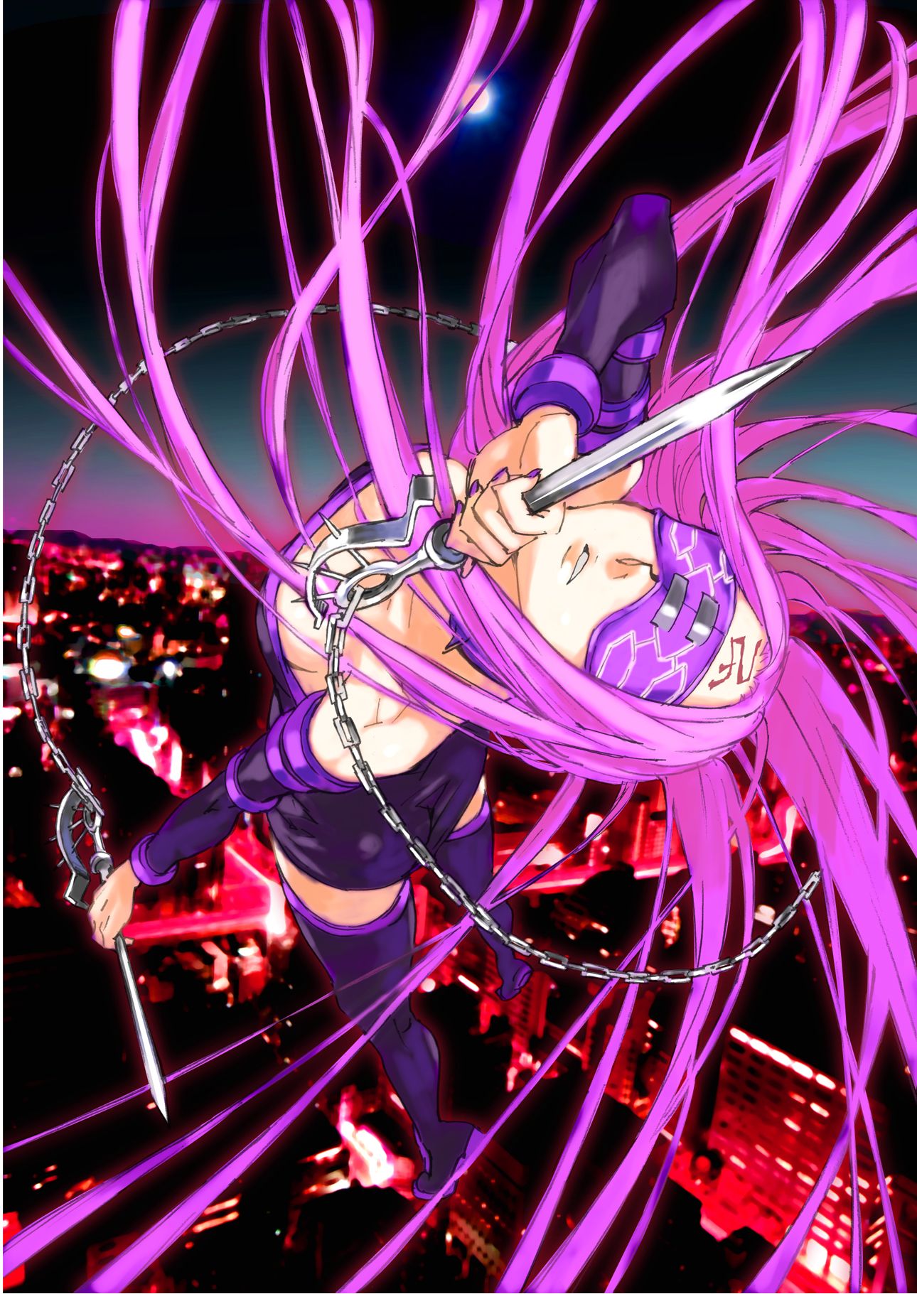 katou haruaki, medusa (fate), medusa (rider) (fate), fate/stay night, fate (series), highres, md5 mismatch, 00s, 1girl, blindfold, downblouse, female focus, knife, long hair, purple hair, solo, very long hair