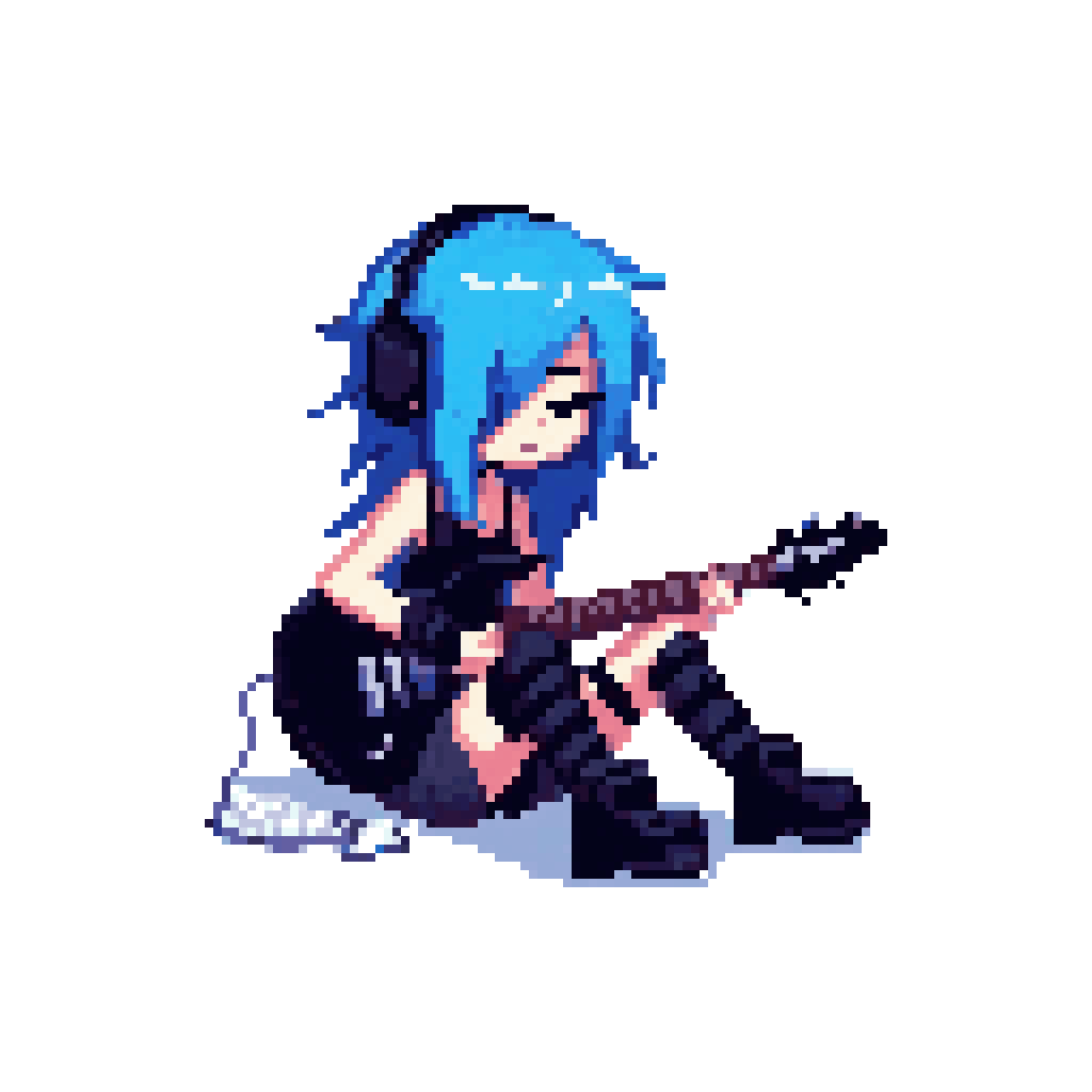 emo-girl (grs-), animated, animated gif, non-web source, blue hair, emo fashion, guitar, instrument, music, rock, sad, transparent background