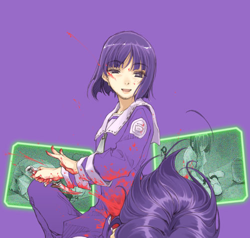 hidari (left side), soror, elysion, sound horizon, lowres, blood, blood on face, blood on hands, bloody weapon, bob cut, brother and sister, half-closed eyes, knife, purple background, purple eyes, purple hair, purple theme, short hair, siblings, simple background, sitting, weapon