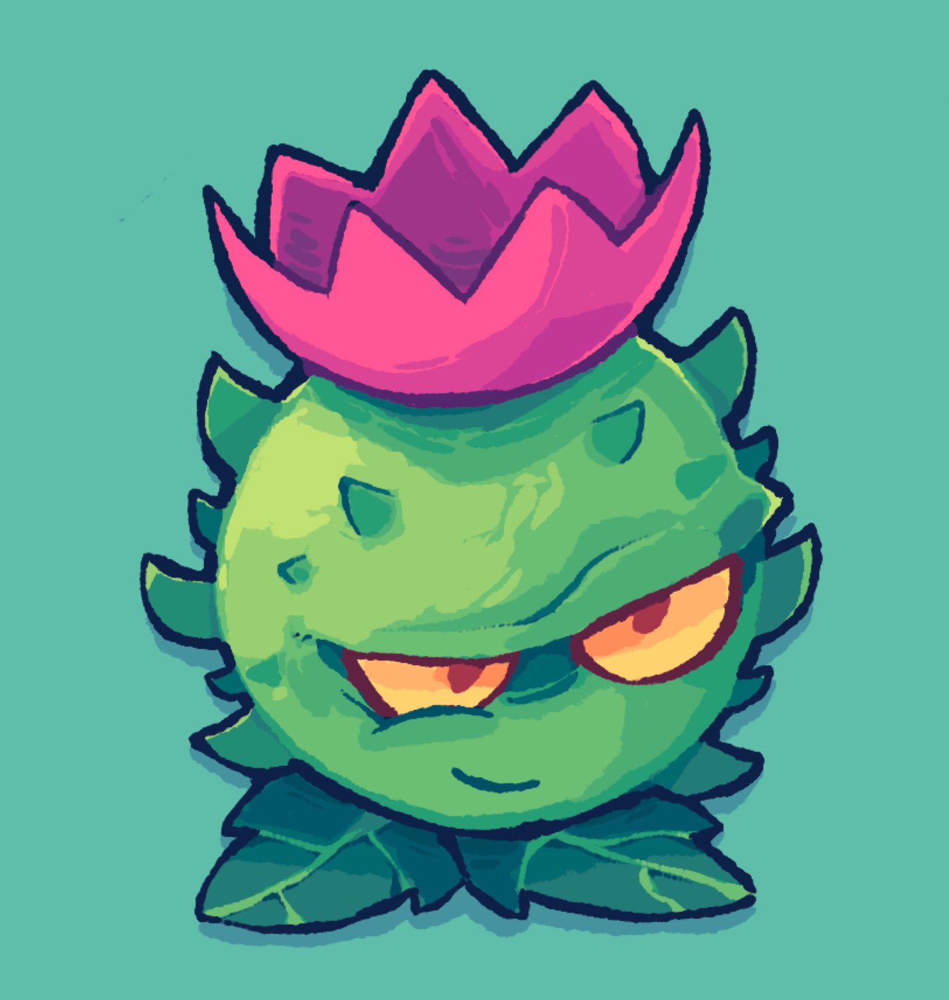leafysky22, plants vs. zombies, highres, aqua background, flower, homing thistle, leaf, looking at viewer, no humans, pink flower, simple background, solo, yellow eyes