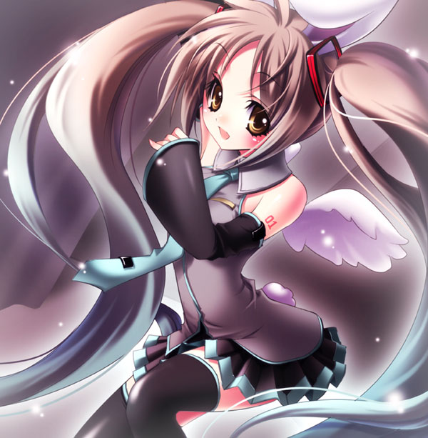 uni (uniuni5), hatsune miku, original, vocaloid, 1girl, animal ears, brown eyes, brown hair, cosplay, female focus, gradient hair, hatsune miku (cosplay), long hair, multicolored hair, necktie, rabbit ears, skirt, solo, thighhighs, twintails, wings