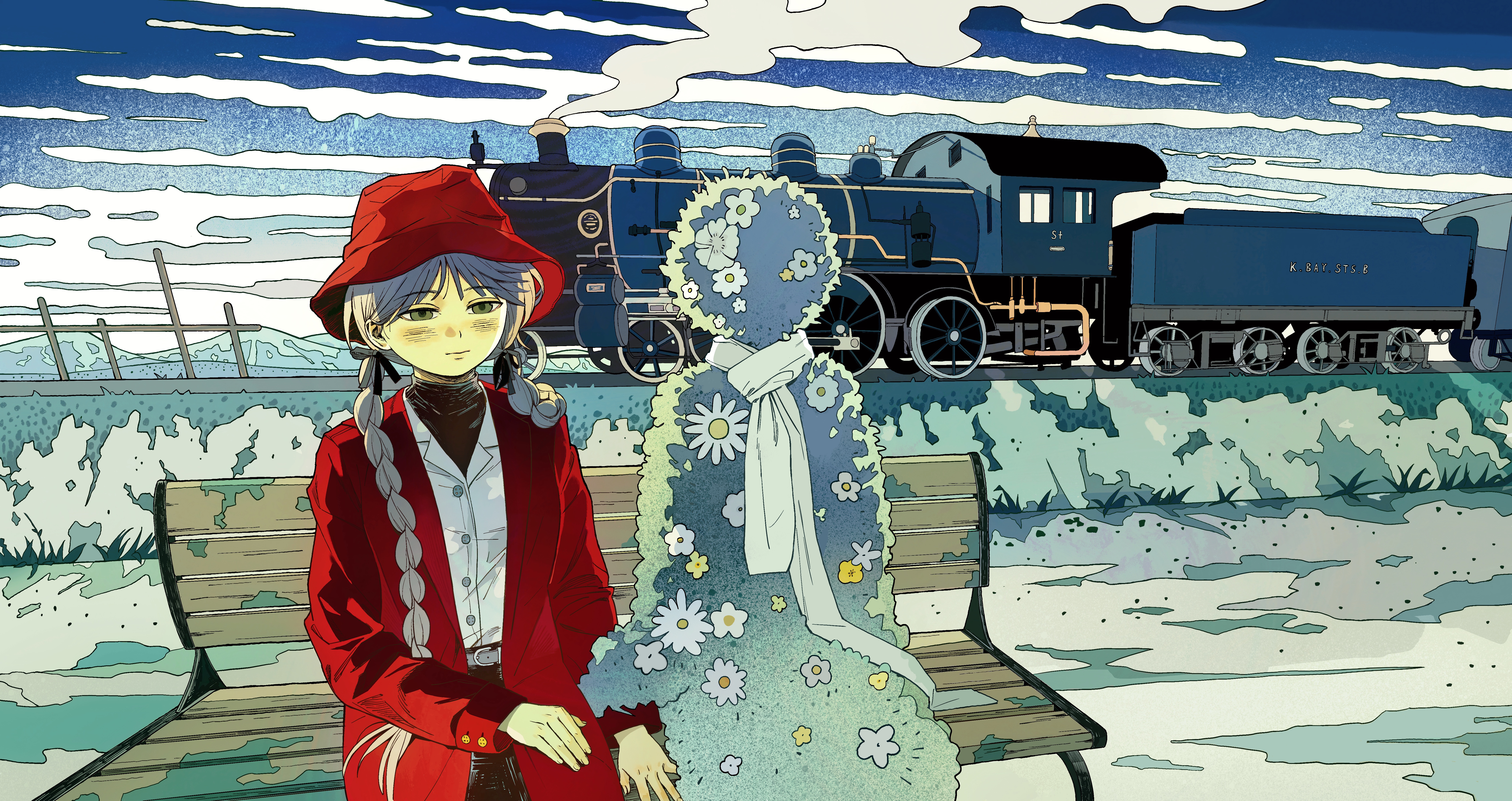 chaojufei, original, absurdres, commentary, highres, 1girl, bench, braid, flower, hat, long hair, low twintails, red hat, scarf, sitting, train, twin braids, twintails