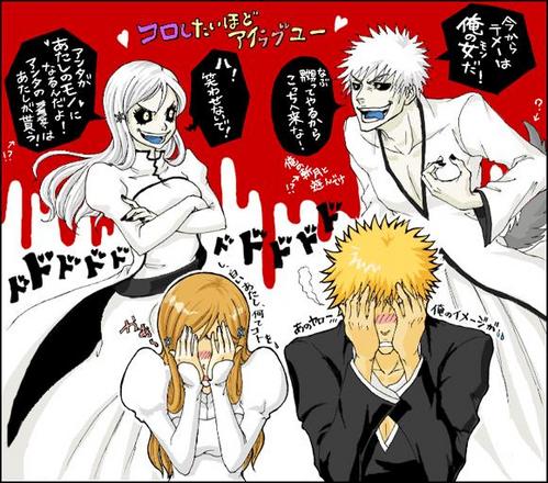 hasui miyuji, hollow ichigo, inoue orihime, kurosaki ichigo, bleach, jpeg artifacts, lowres, translated, 00s, 2boys, 2girls, black sclera, blush, colored sclera, colored skin, crossed arms, dog tail, dress, dual persona, embarrassed, long hair, multiple boys, multiple girls, orange hair, tail, tongue, white hair, white skin