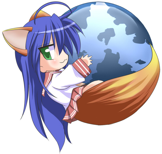 jun (aoerm), izumi konata, lucky star, mozilla firefox, os-tan, 1girl, animal ears, female focus, fox ears, fox tail, giant, giantess, green eyes, long hair, parody, pleated skirt, purple hair, school uniform, serafuku, skirt, solo, tail