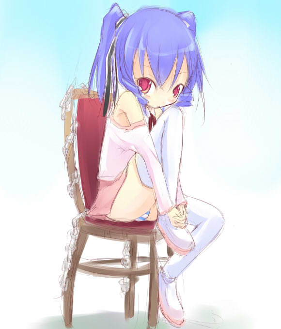 kuro (be ok), original, 1girl, blue hair, chair, feet on chair, female focus, off shoulder, panties, pantyshot, purple hair, red eyes, short hair, sitting, sketch, skirt, solo, striped clothes, striped panties, thighhighs, twintails, underwear, upskirt, white thighhighs