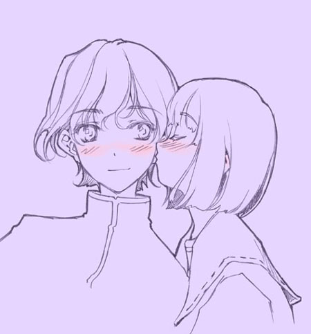 hidari (left side), soror, elysion, sound horizon, lowres, 1boy, 1girl, blush, brother and sister, closed eyes, couple, hetero, kiss, monochrome, short hair, siblings, smile, spot color, wavy hair