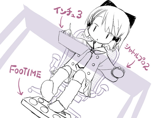 kiira, original, wacom, lowres, translated, 1girl, desk, drawing tablet, female focus, monochrome, purple theme, ribbon, short hair, shuttle pro 2, solo, stylus