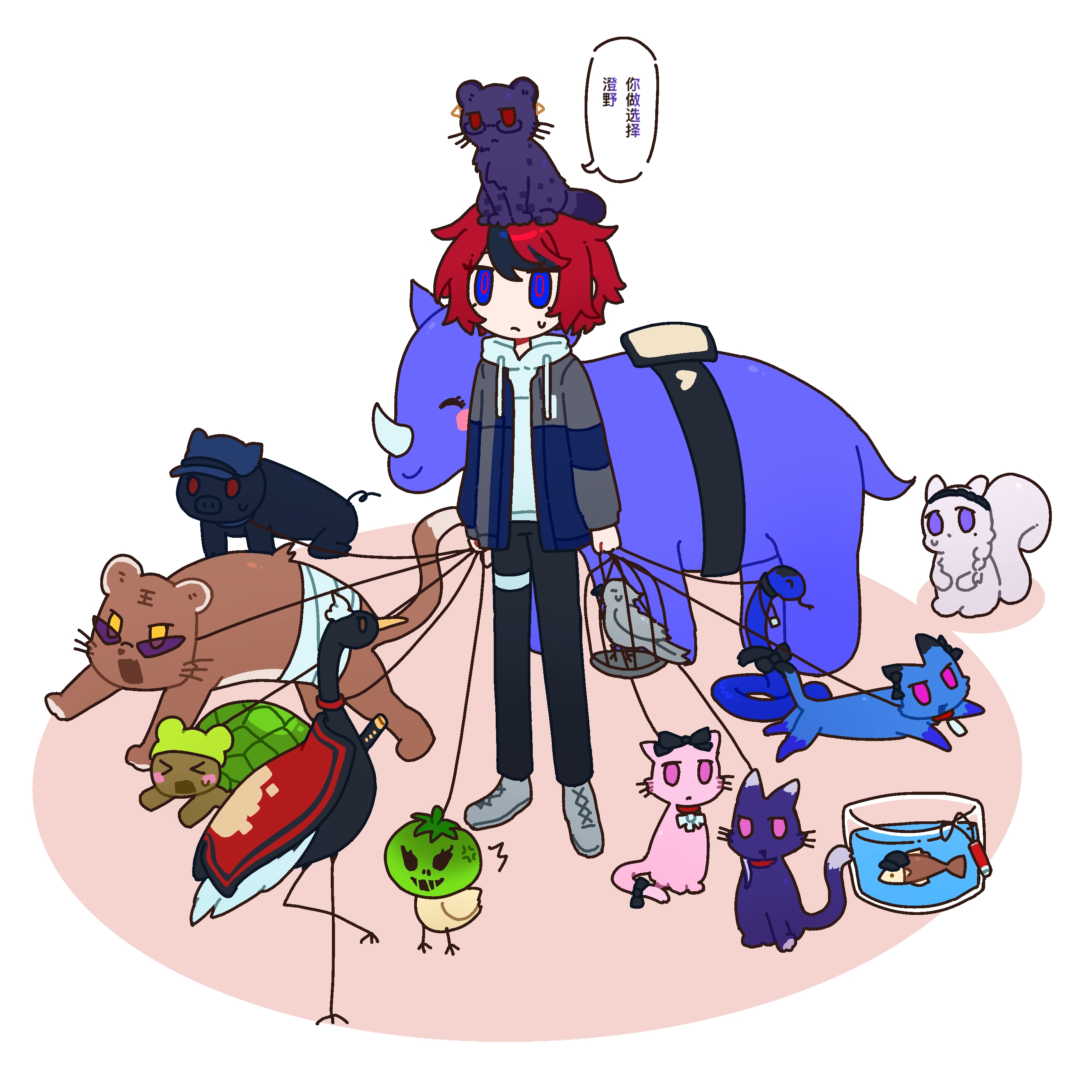 amemiya darumi, aotsuki eito, ginzaki shouma, kawana tsubasa, kirifuji nozomi, magadori kyoshika, maruko gaku, mojiro moko, omokage yugamu, oosuzuki kurara, shizuhara hiruko, sumino takumi, tsukumo ima, tsukumo kako, yakushiji takemaru, the hundred line -last defense academy-, absurdres, chinese commentary, commentary request, highres, !! (lingyou31355), > <, …, 1boy, animal, animal ear piercing, animal on head, animalization, bird, birdcage, black bow, black hair, black pants, blue eyes, blue hat, blue jacket, blush stickers, bow, cage, cat, chicken, closed mouth, collar, crane (animal), drawstring, fish, fishbowl, frown, full body, grey jacket, grey shoes, hat, heart, holding, holding cage, holding leash, hood, hood down, hoodie, jacket, jacket over hoodie, jitome, leash, leopard, long sleeves, multicolored hair, multicolored jacket, no nose, on head, open clothes, open jacket, pants, pig, pink eyes, purple-tinted eyewear, purple eyes, red collar, red eyes, red hair, rhinoceros, shoes, short hair, snake, speech bubble, spoken ellipsis, squirrel, streaked hair, sweat, tail, tail bow, tail ornament, thigh strap, tinted eyewear, turtle, two-tone hair, two-tone jacket, white hoodie, yellow eyes