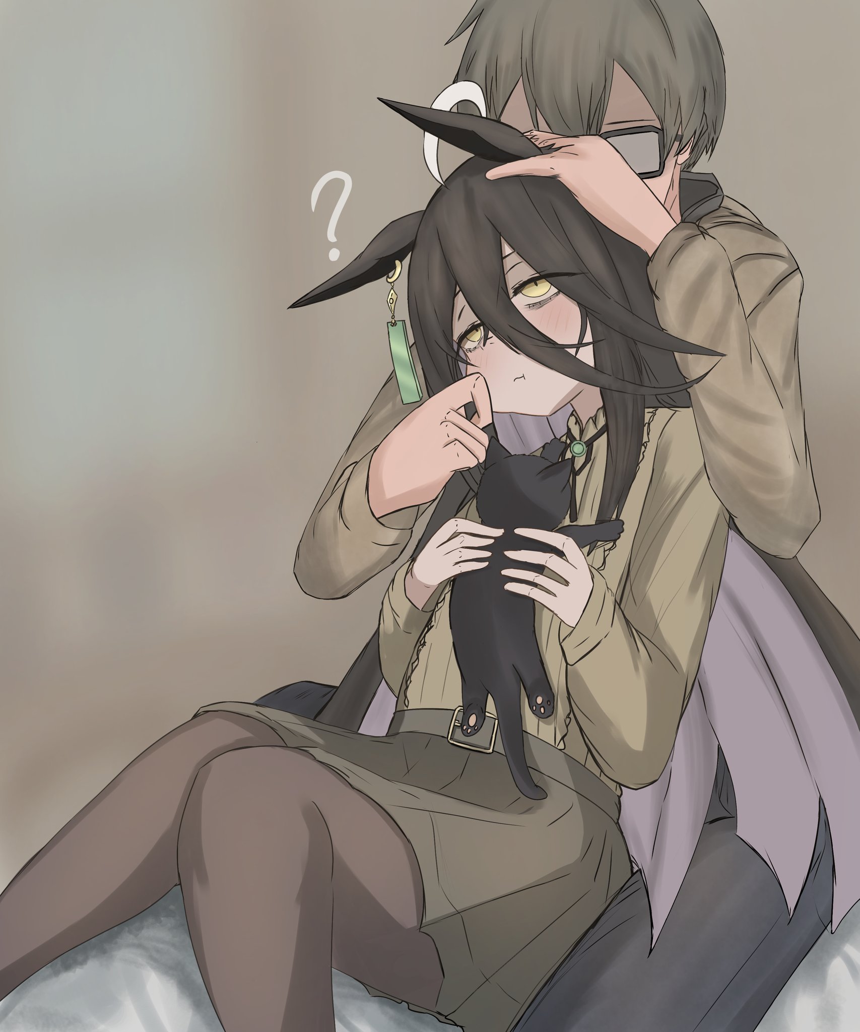manhattan cafe (umamusume), trainer (umamusume), umamusume, highres, 1girl, 1other, :t, ahoge, animal, animal ears, bags under eyes, black cat, black hair, black ribbon, brown hair, brown hoodie, brown pantyhose, brown skirt, cat, cheek pinching, collared shirt, ear ornament, ear tag, earrings, frilled shirt collar, frills, glasses, grey pants, hair between eyes, headpat, holding, holding animal, hood, hood down, hoodie, horse ears, horse girl, jewelry, long hair, long hair between eyes, long sleeves, multicolored hair, neck ribbon, pants, pantyhose, pinching, ribbon, shirt, shirt tucked in, short hair, single ear down, single earring, sitting, sitting on lap, sitting on person, skirt, tomatoidaphne, very long hair, white hair, yellow eyes, yellow shirt