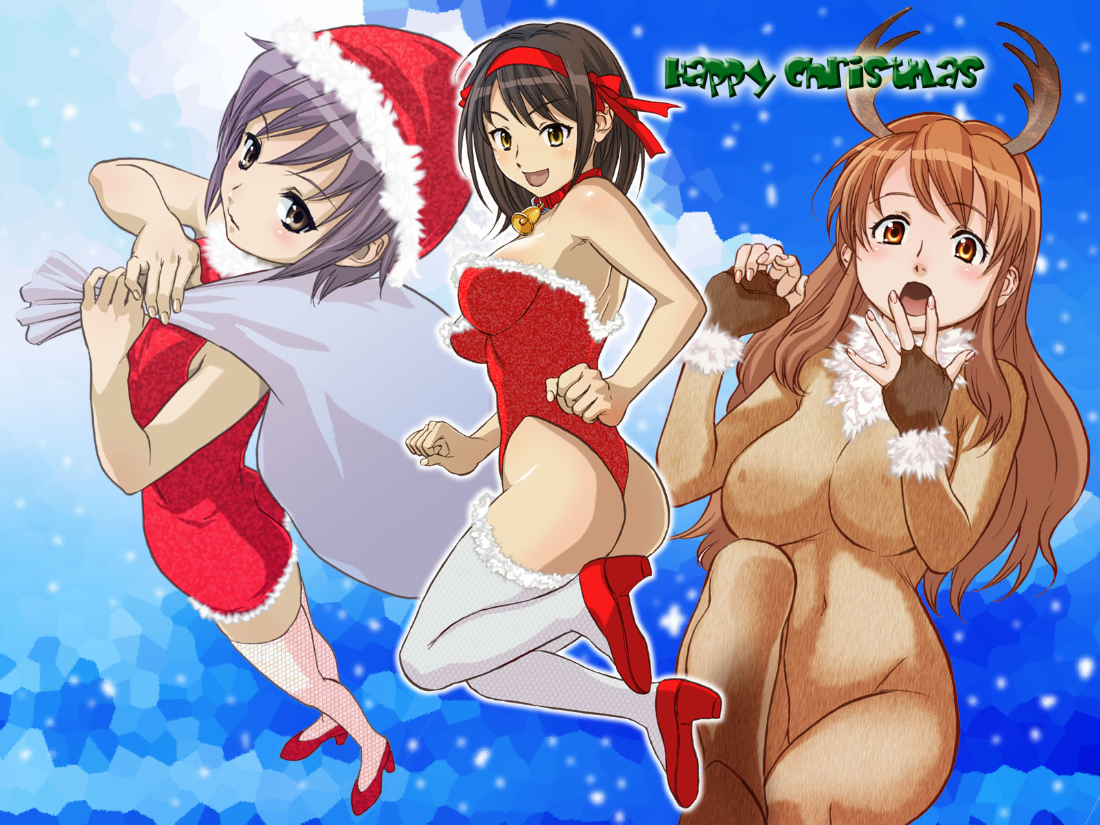 kishizuka kenji, asahina mikuru, nagato yuki, suzumiya haruhi, suzumiya haruhi no yuuutsu, light purple hair, bad id, bad pixiv id, highres, 00s, 3girls, animal costume, ass, bell, bow, brown eyes, brown gloves, brown hair, christmas, collar, dress, fingerless gloves, fishnets, gloves, hair bow, high heels, leotard, long hair, multiple girls, red leotard, reindeer, reindeer costume, santa costume, shoes, short dress, short hair, skin tight, snow, thighhighs