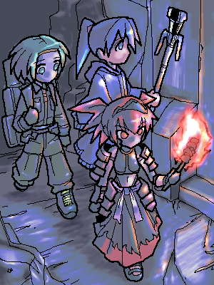 lowres, tagme, blue hair, fire, green hair, oekaki, ponytail, red hair