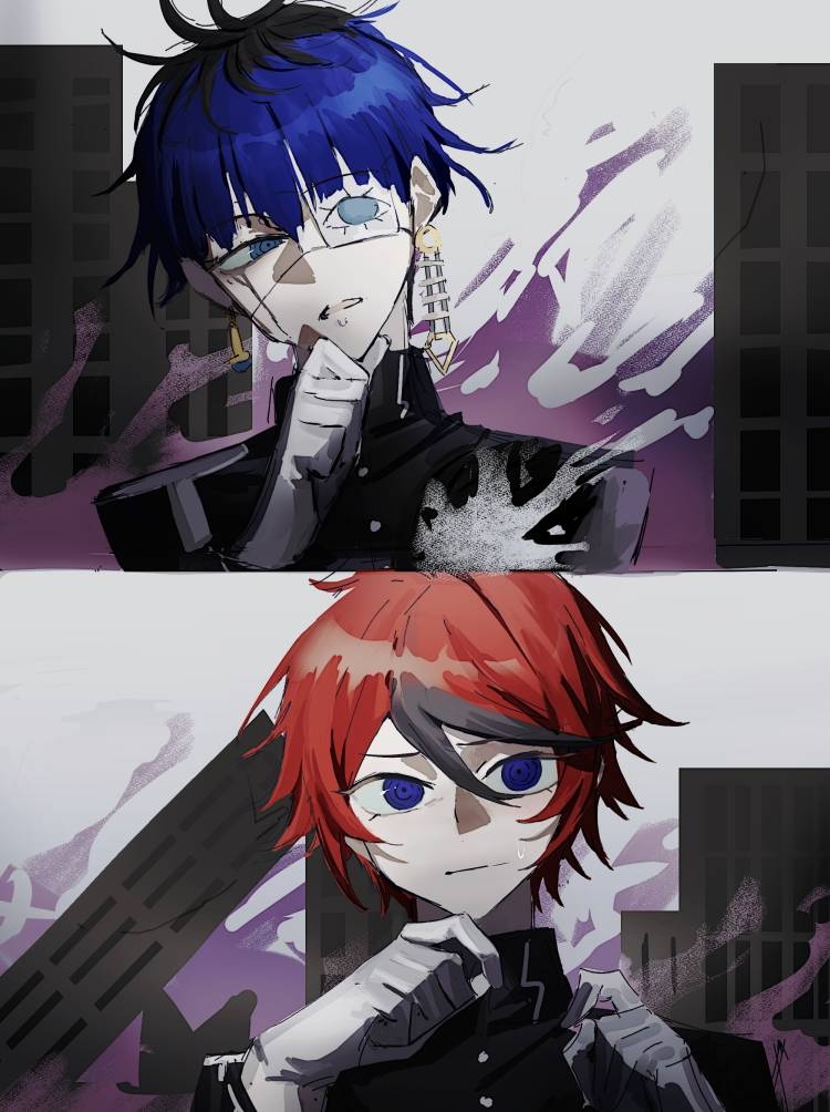 omokage yugamu, sumino takumi, the hundred line -last defense academy-, chinese commentary, commentary request, 2boys, black hair, black jacket, blue eyes, blue hair, closed mouth, dacongming98237, earrings, eyepatch, gloves, hair between eyes, hand on own chin, jacket, jewelry, last defense academy school uniform, long sleeves, male focus, mismatched earrings, multicolored hair, multiple boys, open mouth, outdoors, print eyepatch, red hair, roots (hair), school uniform, short hair, streaked hair, sweat, two-tone hair, white gloves