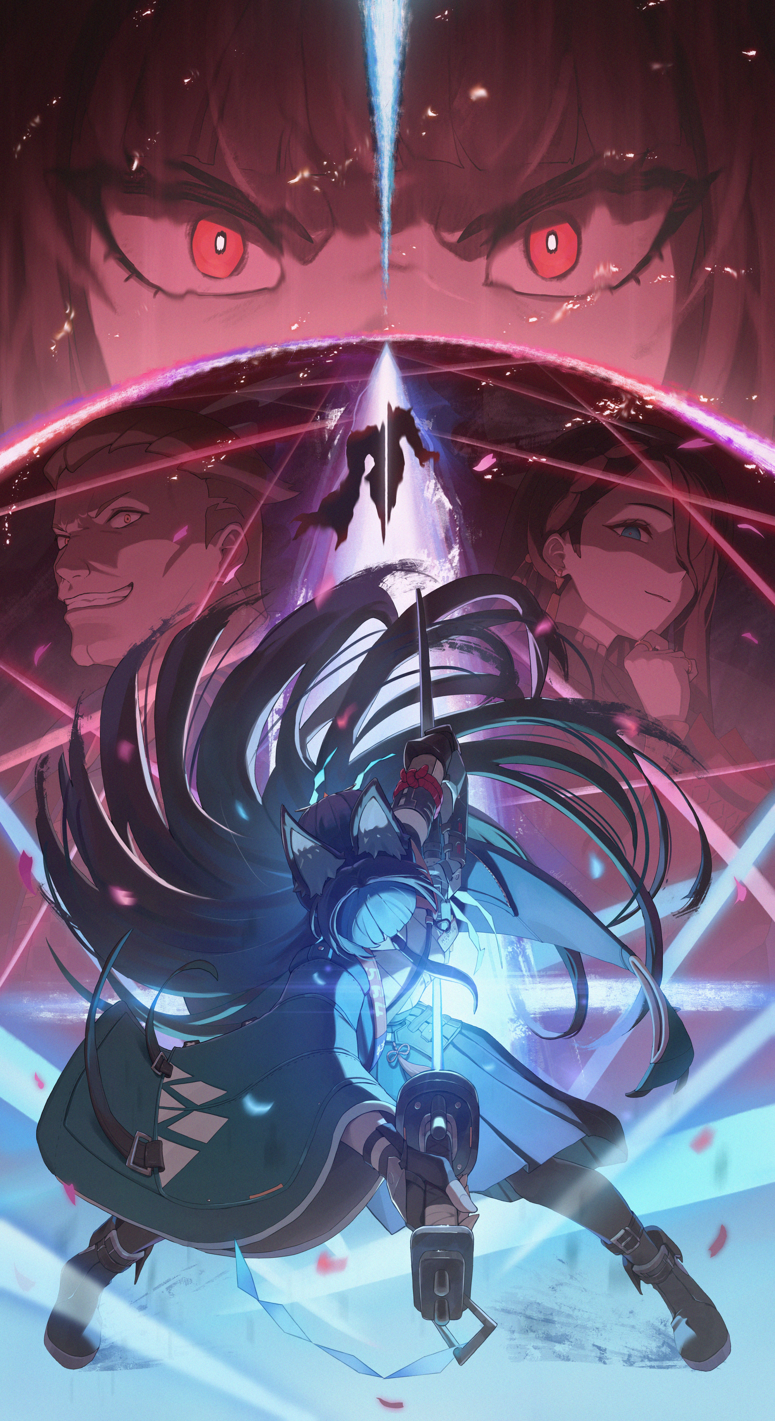 odd (hin yari), hoshimi miyabi, sarah (zenless zone zero), zenless zone zero, absurdres, highres, 1boy, 2girls, animal ear fluff, animal ears, arm out of sleeve, bent over, black hair, bright pupils, constricted pupils, earrings, evil grin, evil smile, fingerless gloves, gauntlets, gloves, grin, hair over one eye, holding, holding sheath, holding sword, holding weapon, hollow (zenless zone zero), id card, jacket, jewelry, justin bringer, long hair, long sleeves, looking at viewer, multiple girls, necktie, pantyhose, red eyes, scabbard, sheath, sheathing, shirt, shoes, short hair, single fingerless glove, single gauntlet, single glove, skirt, slashing, smile, standing, sword, v-shaped eyebrows, very long hair, weapon, white pupils, wide sleeves
