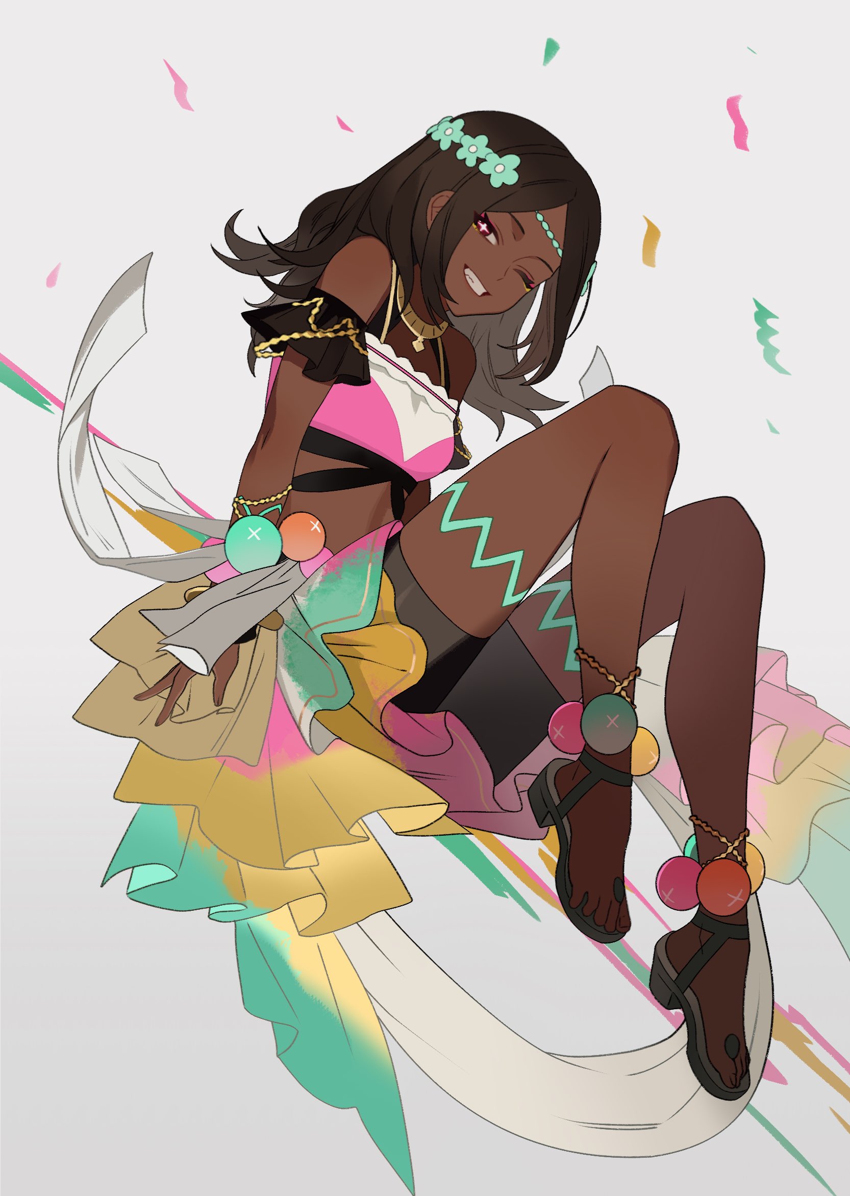 dr metagross, timerra (fire emblem), fire emblem, fire emblem engage, nintendo, highres, mixed-language commentary, 1girl, alternate hairstyle, black hair, confetti, dark-skinned female, dark skin, grey background, grin, invisible chair, looking at viewer, makeup, one eye closed, ponytail, sandals, simple background, sitting, smile, solo, symbol-shaped pupils, toes