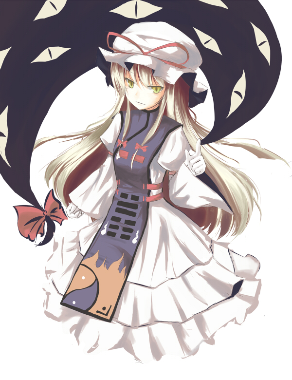 aikata, yakumo yukari, touhou, 1girl, blonde hair, bow, clenched hand, dress, female focus, gap (touhou), hair bow, hat, hat ribbon, index finger raised, long dress, long hair, lying, mob cap, puffy sleeves, red bow, red ribbon, ribbon, solo, tabard, white background, white dress, white hat, yellow eyes