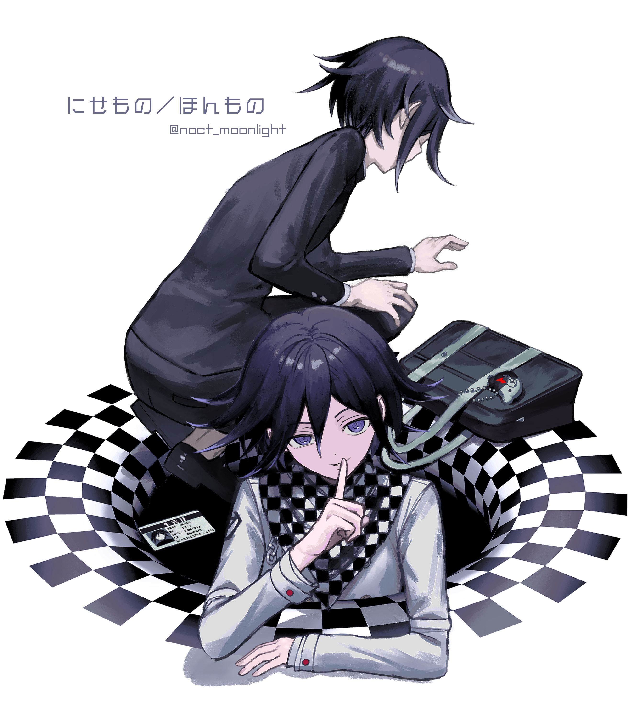 sukizukiko, monokuma, oma kokichi, danganronpa (series), danganronpa v3: killing harmony, absurdres, commentary request, highres, partial commentary, 2boys, arm belt, bag, buttons, checkered clothes, checkered scarf, finger to mouth, flipped hair, gakuran, hair between eyes, half-closed eye, hole, id card, index finger raised, jacket, long sleeves, looking at viewer, male focus, multiple boys, muted color, pants, purple eyes, purple hair, ringed eyes, scarf, school bag, school uniform, short hair, shushing, simple background, smile, squatting, twitter username, two-tone scarf