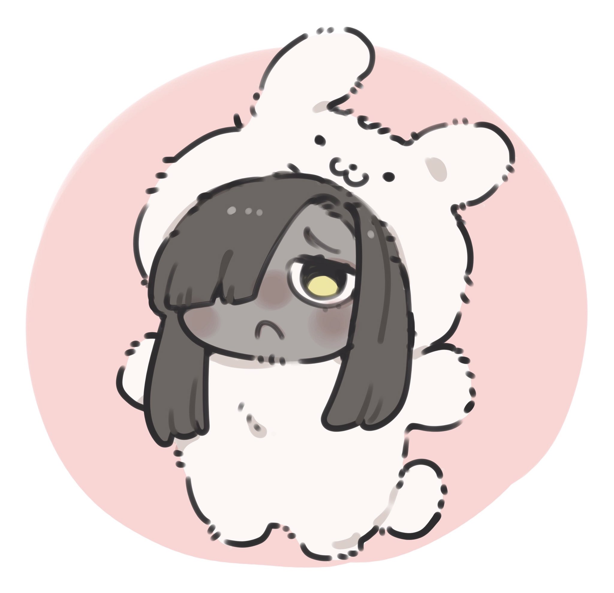 kojocho05, zilu (project moon), limbus company, project moon, highres, 1girl, :3, animal costume, black hair, chibi, chibi only, colored skin, frown, full body, grey skin, hair over one eye, long hair, rabbit costume, raised inner eyebrows, sad, solo, standing, yellow eyes