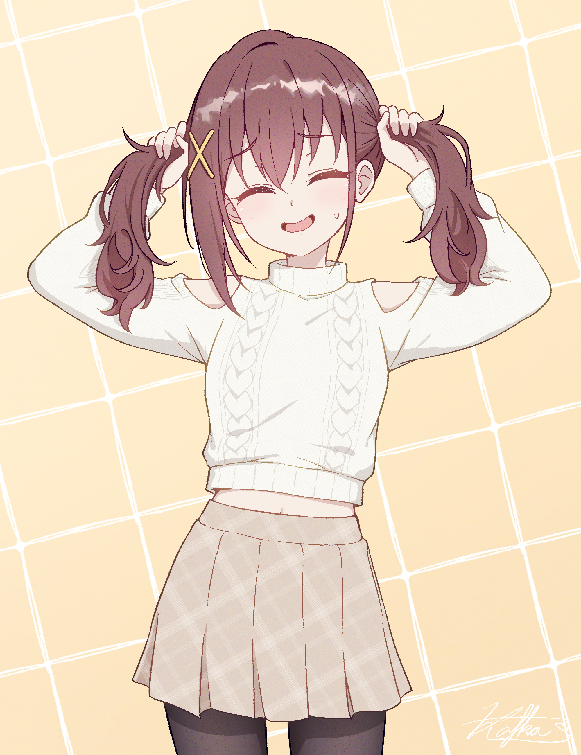 kafka963, furutachi kurea, hibi wa sugiredo meshi umashi, absurdres, highres, 1girl, brown hair, brown skirt, closed eyes, hair ornament, holding, holding own hair, navel peek, open mouth, pantyhose, pleated skirt, skirt, smile, solo, standing, sweater, twintails, x hair ornament