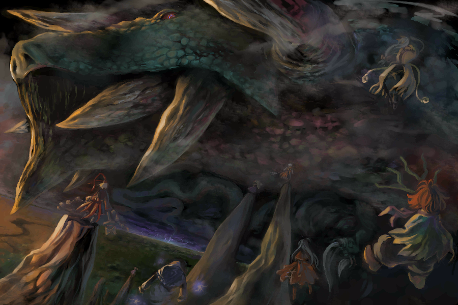 umigarasu (coolier), dragon (touhou), dragon god, hakurei reimu, inaba tewi, lord tenma (touhou), shingyoku (touhou), shinki (touhou), yakumo yukari, mystic square, original, touhou, touhou (pc-98), 1boy, 5girls, 6+girls, dragon, japanese clothes, miko, multiple girls, oekaki