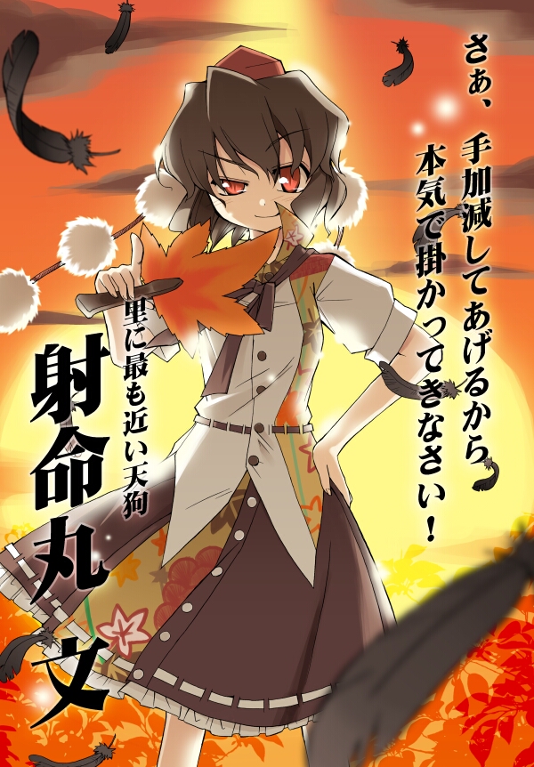 shameimaru aya, touhou, 1girl, feathers, female focus, hat, looking at viewer, smile, solo, uneven eyes