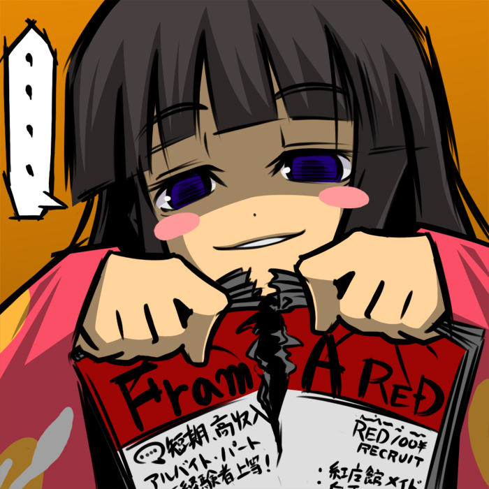 noya makoto, houraisan kaguya, touhou, …, 1girl, black hair, blue eyes, blush stickers, female focus, half-closed eyes, long hair, orange background, raised eyebrows, ripping, shaded face, simple background, solo, spoken ellipsis