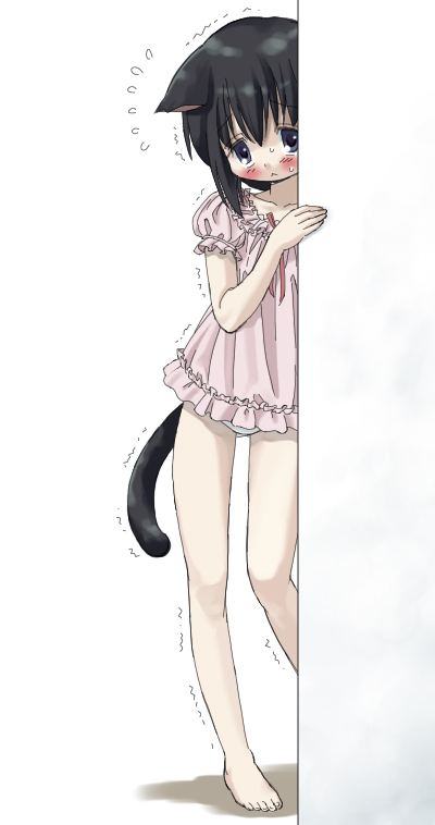 you2, original, 1girl, animal ears, barefoot, blush, cat ears, cat tail, feet, female focus, loli, peeking out, scared, solo, tail, thigh gap, thighs, trembling