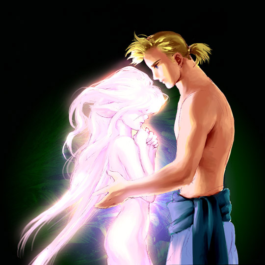 sabin rene figaro, tina branford, trance terra branford, final fantasy, final fantasy vi, psychic, 1990s (style), 1boy, 1girl, clothed male nude female, clothed on nude, colored skin, long hair, nude, pink hair, pink skin, pointy ears, retro artstyle, topless male