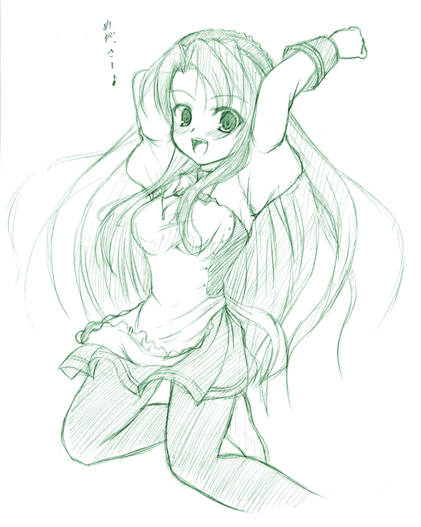 johnny (from scratch), tsuruya, suzumiya haruhi no yuuutsu, 00s, 1girl, female focus, green theme, long hair, monochrome, pantyhose, sketch, solo, very long hair