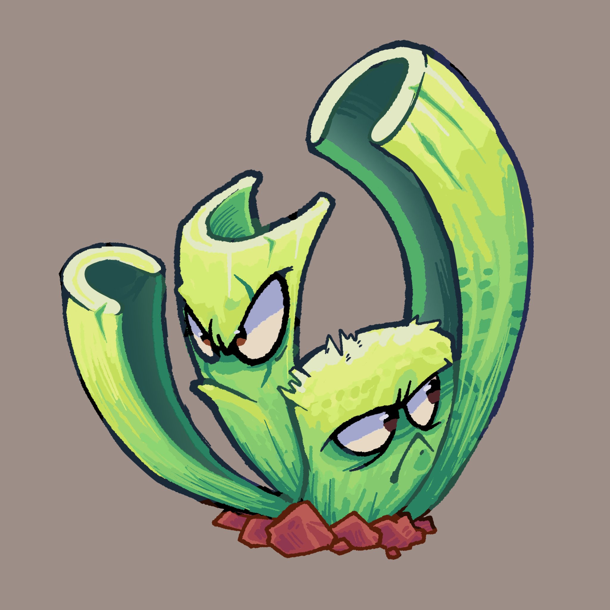 kinomotoroka, plants vs. zombies, highres, brown background, brown eyes, celery stalker, looking to the side, no humans, simple background