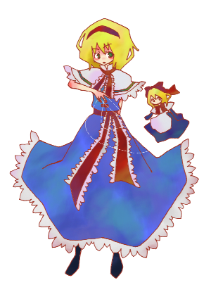 24nora, alice margatroid, shanghai doll, touhou, lowres, 1girl, apron, belt, blonde hair, blue dress, capelet, doll, dress, female focus, flying, frills, green eyes, hairband, necktie, puppet strings, red necktie, short hair, solo, standing, waist apron