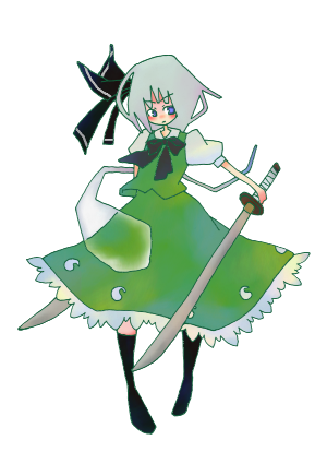 24nora, konpaku youmu, konpaku youmu (ghost), touhou, silver hair, lowres, 1girl, blue eyes, bow, dress, female focus, full body, ghost, hitodama, katana, skinny, solo, standing, sword, weapon