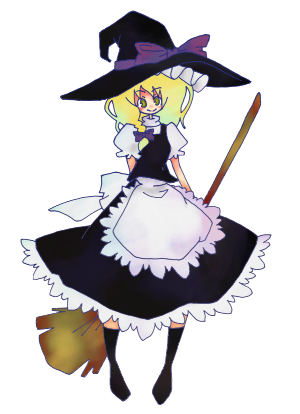 24nora, kirisame marisa, touhou, lowres, 1girl, apron, arms behind back, black boots, black hat, black skirt, black vest, blonde hair, blue eyes, boots, bow, braid, broom, female focus, frilled apron, frills, full body, gradient hair, hair bow, hat, hat bow, hat ribbon, legs apart, long hair, looking at viewer, multicolored hair, puffy short sleeves, puffy sleeves, purple bow, purple ribbon, ribbon, shirt, short sleeves, simple background, skirt, solo, standing, vest, waist apron, white apron, white background, white shirt, witch hat