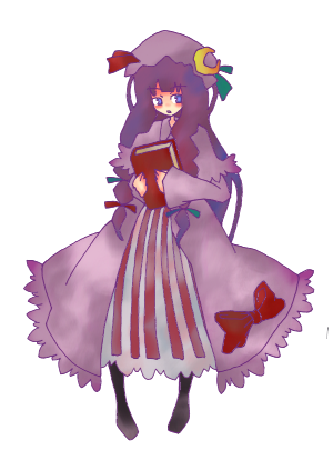 24nora, patchouli knowledge, touhou, lowres, 1girl, book, boots, bow, brown boots, crescent, dress, female focus, frills, grimoire, hat, holding, holding book, knee boots, long hair, looking at viewer, mob cap, purple eyes, purple hair, solo, standing, striped clothes, striped dress, vertical stripes, very long hair