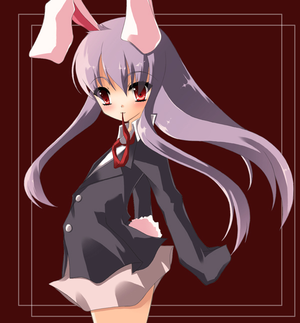 noi (noi 2y), reisen udongein inaba, touhou, light purple hair, 1girl, :3, animal ears, blazer, female focus, flat chest, jacket, long sleeves, mouth hold, rabbit ears, red eyes, ribbon, solo