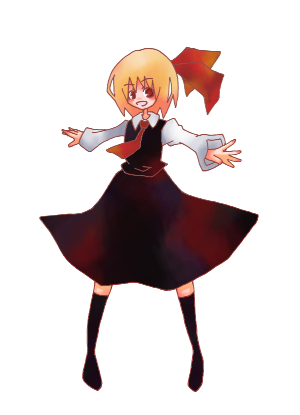 24nora, rumia, embodiment of scarlet devil, touhou, lowres, 1girl, blonde hair, female focus, hair ribbon, necktie, outstretched arms, red eyes, red necktie, ribbon, short hair, solo, spread arms