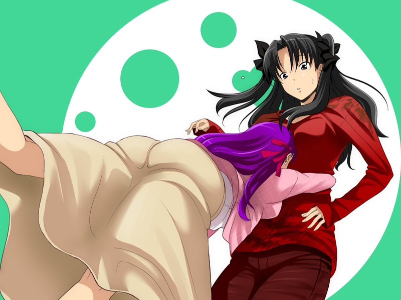 nazo kichi, matou sakura, tohsaka rin, fate/stay night, fate (series), 00s, 2girls, ass, glomp, hug, multiple girls, siblings, sisters