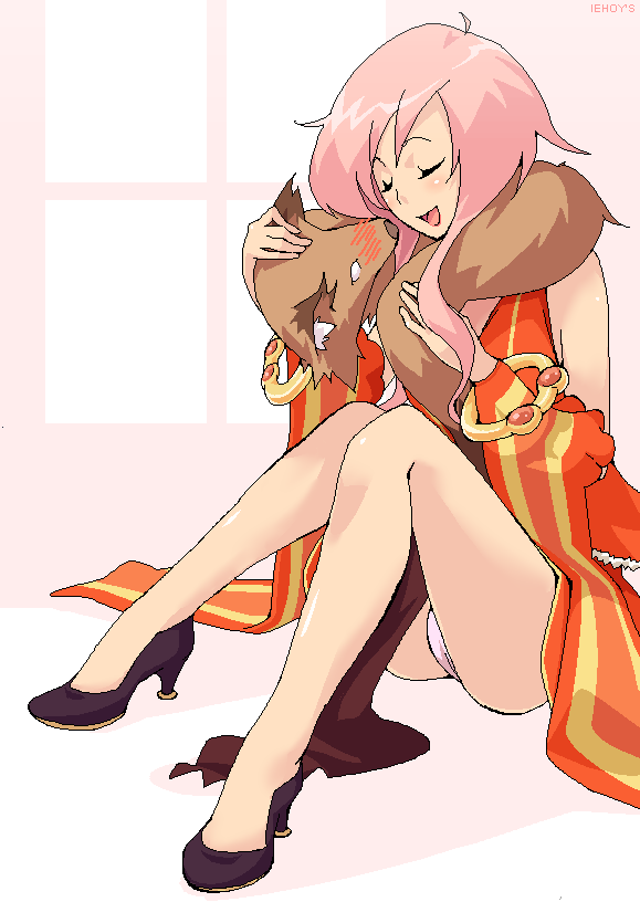 amami amayu, professor, professor (ragnarok online), ragnarok online, fur, 1girl, :d, ^ ^, animal, animal on shoulder, artistic error, bare shoulders, blush, bracelet, closed eyes, detached sleeves, dress, female focus, fox, high heels, jewelry, long hair, oekaki, open mouth, panties, pantyshot, pink hair, red dress, scarf, shoes, short hair, sidelocks, sitting, sleeveless, smile, solo, striped sleeves, underwear