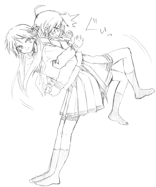 kochoko, hiiragi kagami, izumi konata, lucky star, 00s, 2girls, assisted stretching, back-to-back, greyscale, lifting person, locked arms, monochrome, multiple girls, ryouou school uniform, school uniform, serafuku, stretching