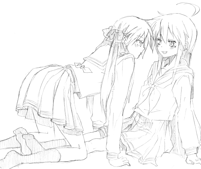 kochoko, hiiragi kagami, izumi konata, lucky star, 00s, 2girls, ahoge, female focus, greyscale, mole, mole under eye, monochrome, multiple girls, school uniform, serafuku, simple background, skirt, white background, yuri