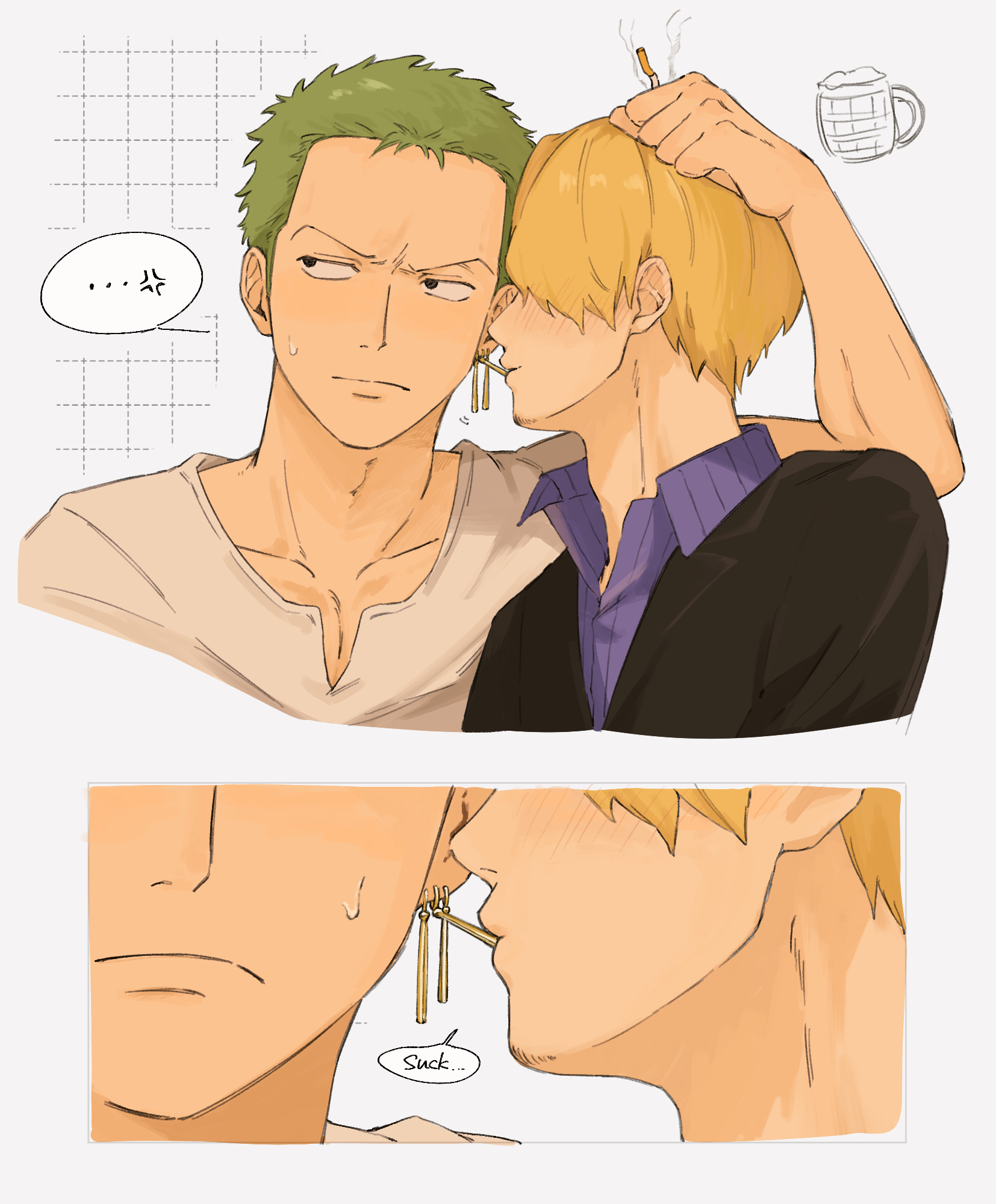 iqracha, roronoa zoro, sanji (one piece), one piece, highres, …, 2boys, adam's apple, anger vein, black jacket, blonde hair, blue shirt, cigarette, collared shirt, cropped legs, earrings, english text, green hair, holding, holding cigarette, jacket, jewelry, male focus, multiple boys, shirt, short hair, spoken ellipsis, white shirt, yaoi