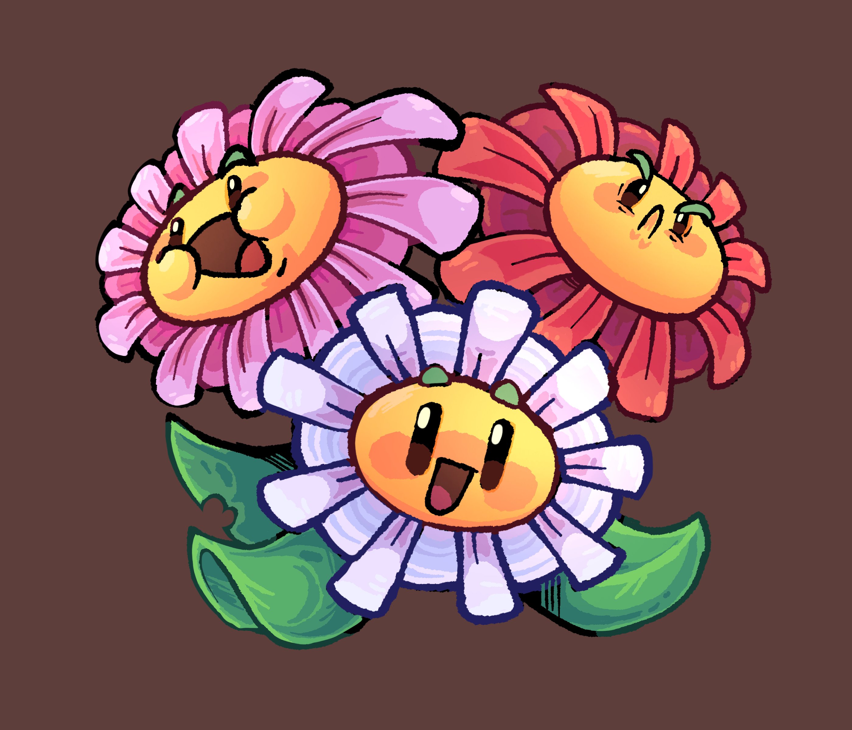 kinomotoroka, plants vs. zombies, absurdres, highres, brown background, dazey chain (plants vs. zombies), flower, leaf, no humans, open mouth, pink flower, red flower, simple background, white flower