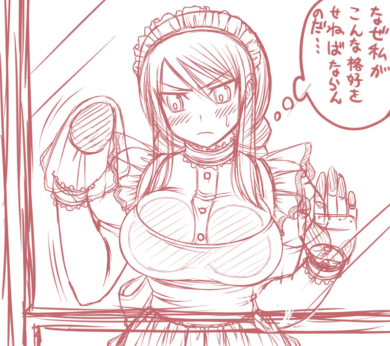 morimoto kiyona, agrias oaks, final fantasy, final fantasy tactics, translated, 1girl, against glass, angry, blush, braid, breast press, breasts, breasts on glass, female focus, large breasts, maid, monochrome, sketch, solo, speech bubble, thought bubble