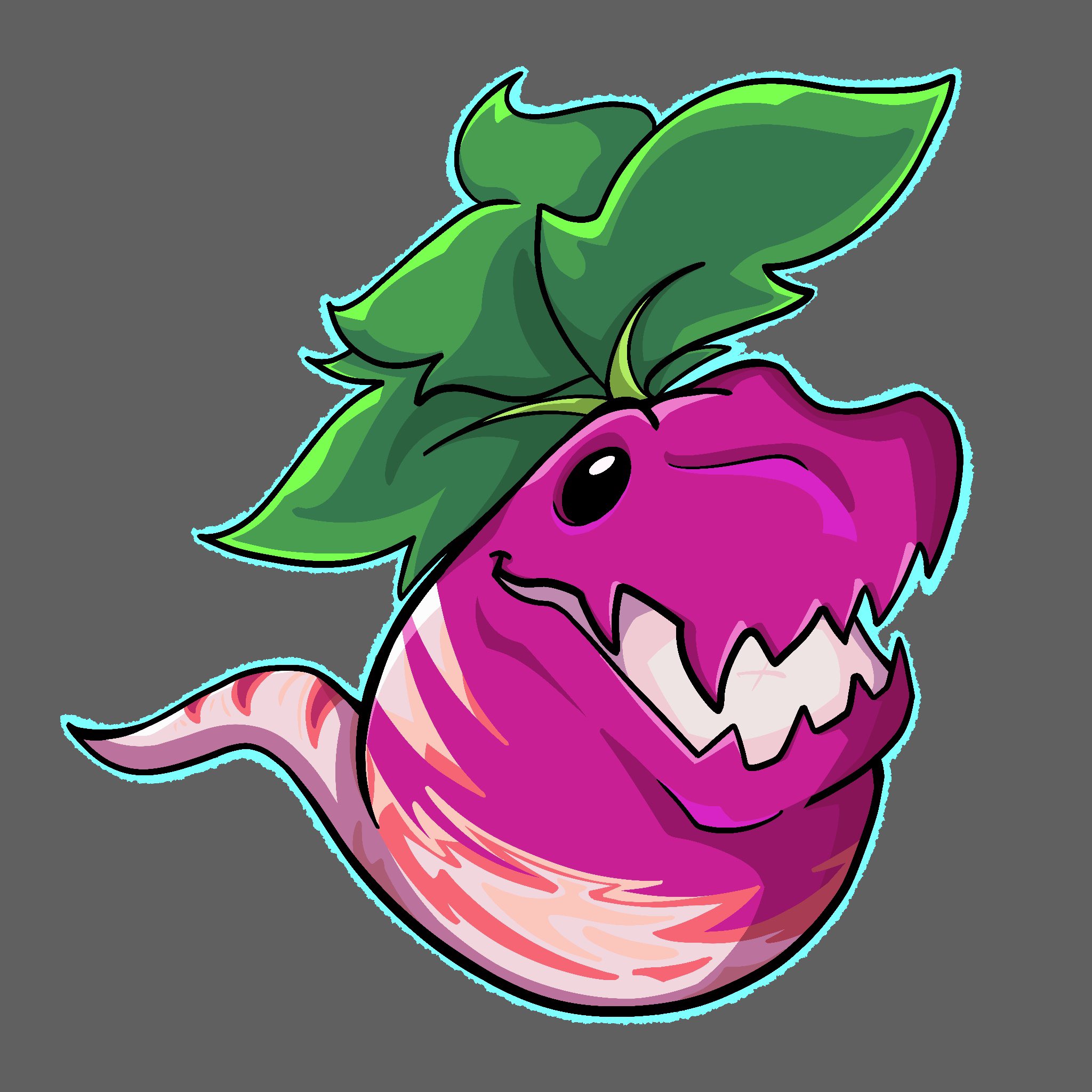 plants vs. zombies, plants vs. zombies heroes, highres, glutoart, grey background, leaf, no humans, open mouth, simple background, solo, veloci-radish