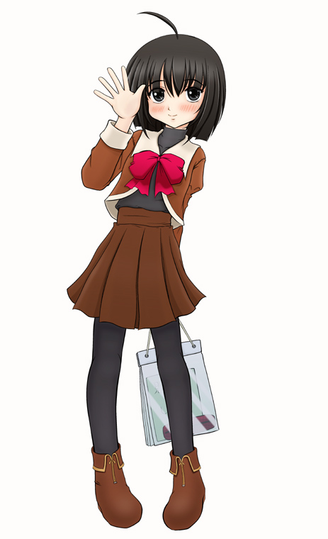isaji (issa-g), original, 1girl, ahoge, bag, black hair, black pantyhose, female focus, pantyhose, paper bag, pigeon-toed, school uniform, serafuku, short hair, simple background, skirt, smile, solo, waving, white background